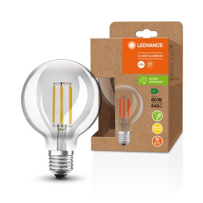 LEDVANCE 4W (60w) 240v ES E27 3000k Clear Ultra Efficient Filament LED Globe Light Bulb